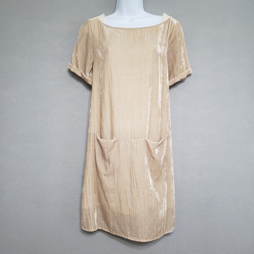 Floreat Anthropologie S Velvet Shift Dress Champagne Beige Pockets Luxe Romantic